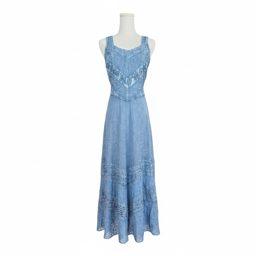 Ren Fair Fairy Blue Embroidered Boho Maxi Dress Sleeveless Smocked Back S/M